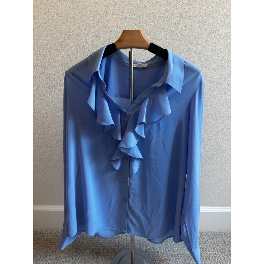 Calvin Klein Ruffle Front Blouse Large Blue Long Sleeve Button Down Office Wear